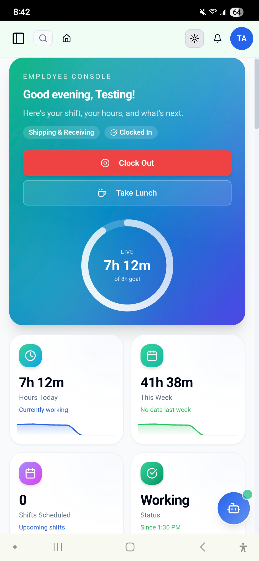 SmartClock Systems mobile employee dashboard showing live clock-in, hours today, and weekly totals